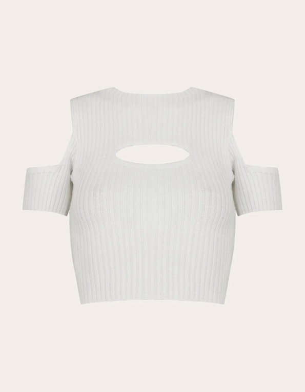 Blusa cropped tricot manga e decote vazado Off white