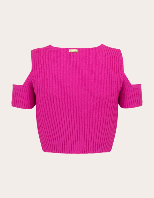 Blusa cropped tricot manga e decote vazado Rosa chiclete