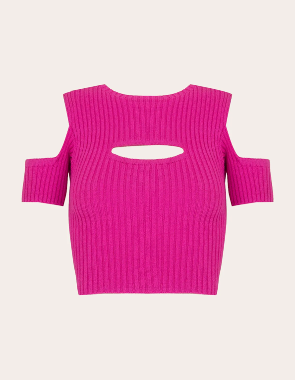 Blusa cropped tricot manga e decote vazado Rosa chiclete