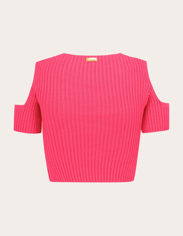 Blusa cropped tricot manga e decote vazado Rosa fluor