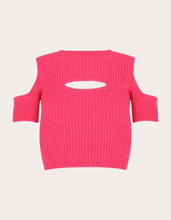 Blusa cropped tricot manga e decote vazado Rosa fluor