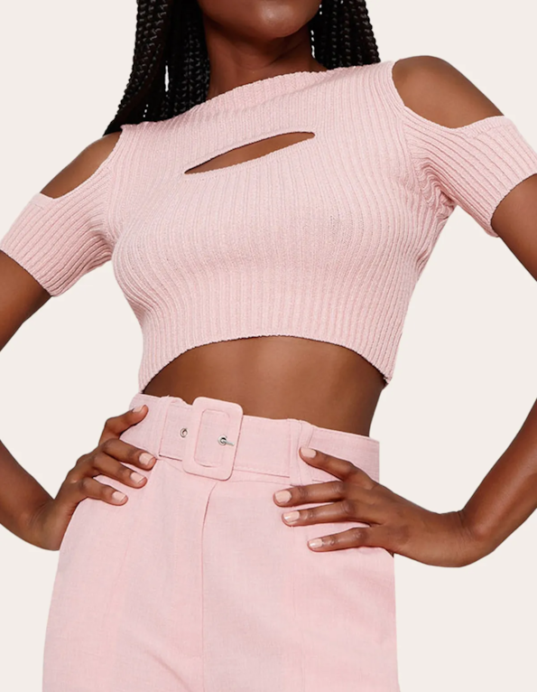 Blusa cropped tricot manga e decote vazado Rose