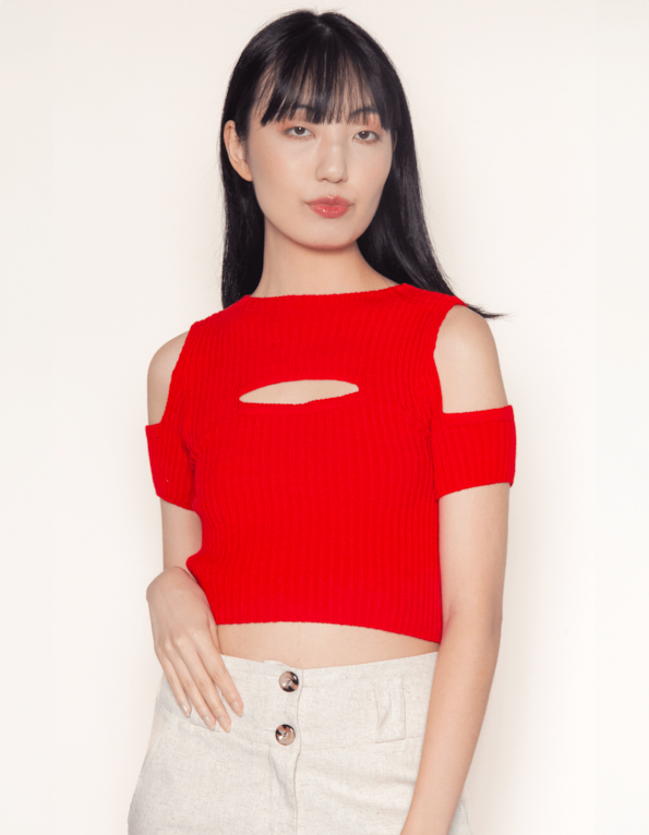 Blusa cropped tricot manga e decote vazado Vermelho