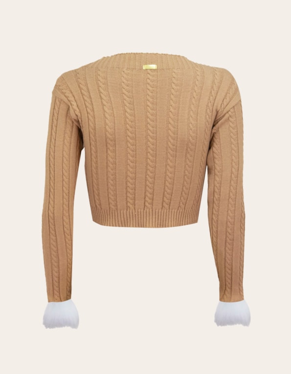Blusa cropped tricot manga pelo Bege medio