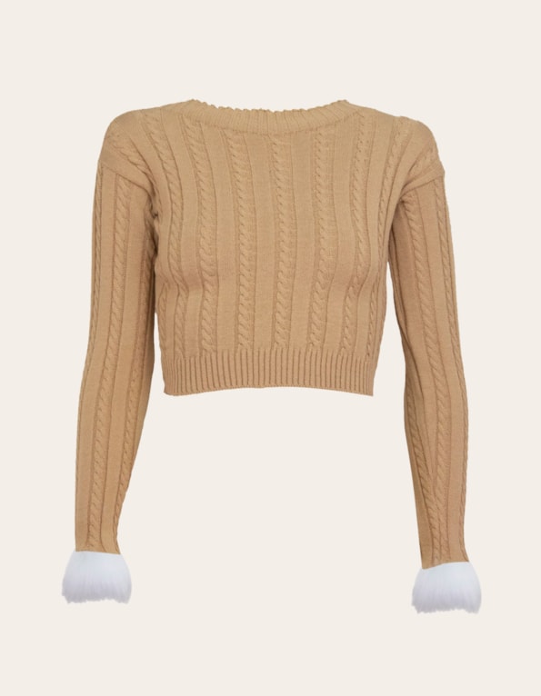 Blusa cropped tricot manga pelo Bege medio