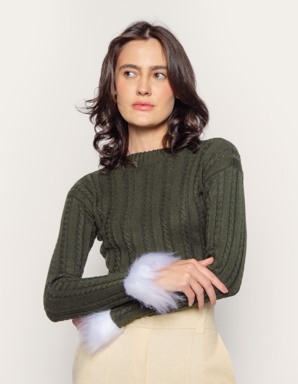 Blusa cropped tricot manga pelo Verde militar
