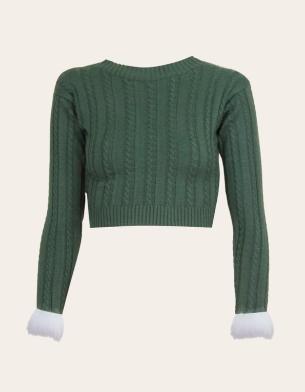 Blusa cropped tricot manga pelo Verde militar
