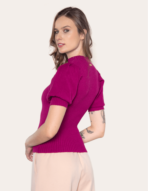 Blusa cropped tricot manga princesa Fucsia