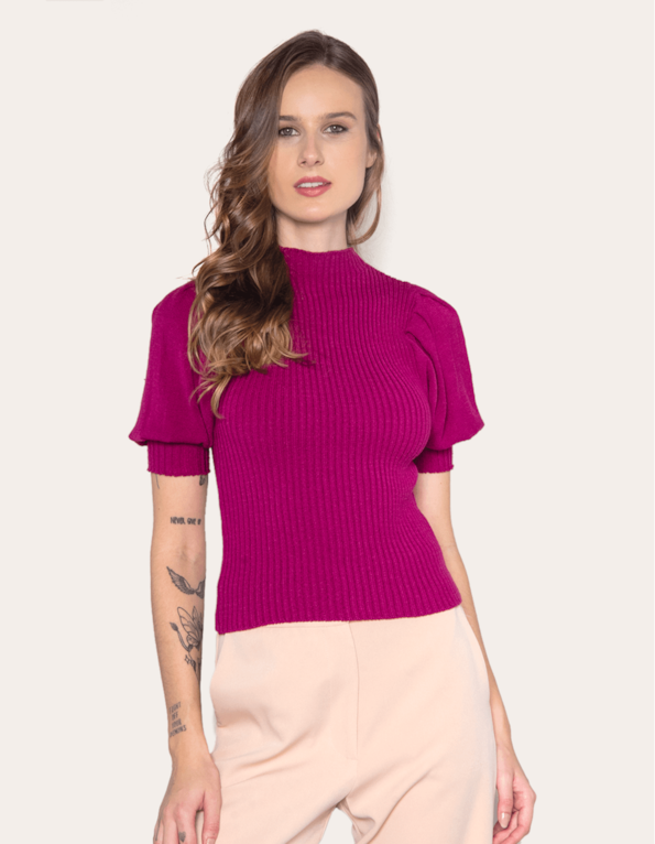 Blusa cropped tricot manga princesa Fucsia