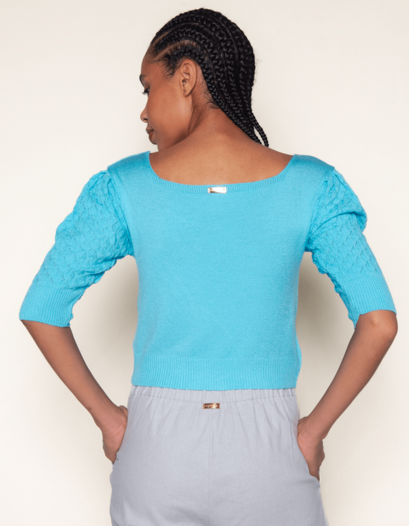 Blusa cropped tricot manga rendada