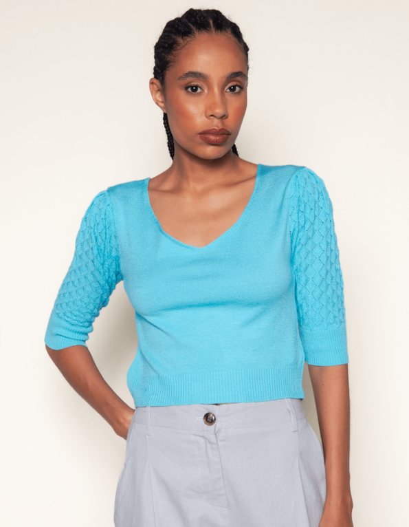 Blusa cropped tricot manga rendada Azul claro