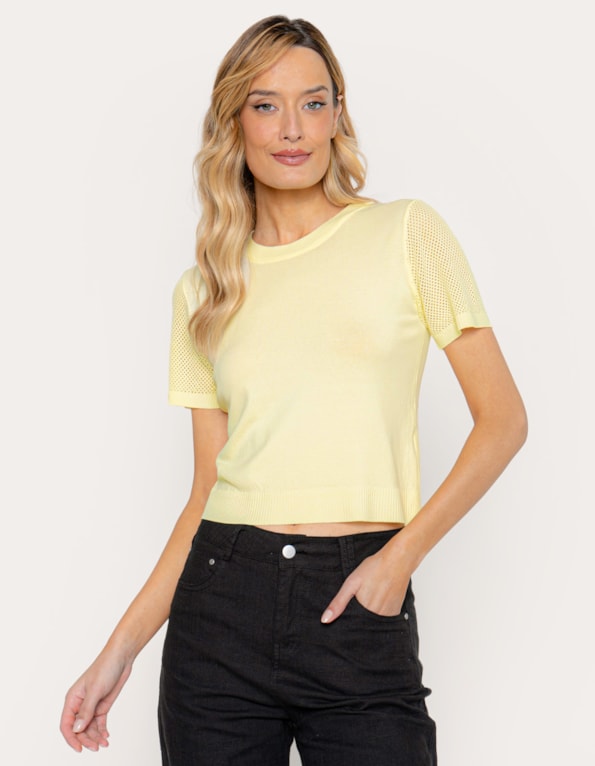 Blusa cropped tricot manga vazada Amarelo claro