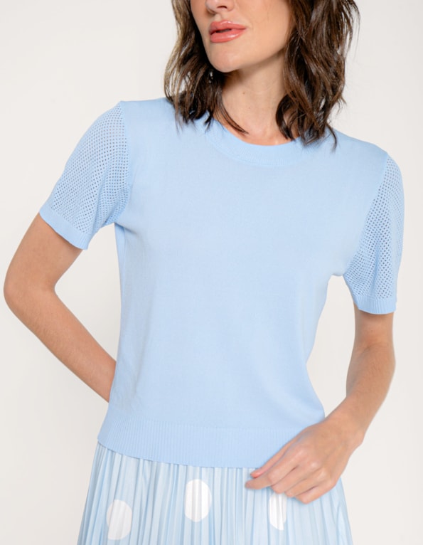 Blusa cropped tricot manga vazada Azul