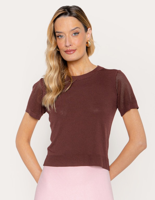 Blusa cropped tricot manga vazada Marrom escuro
