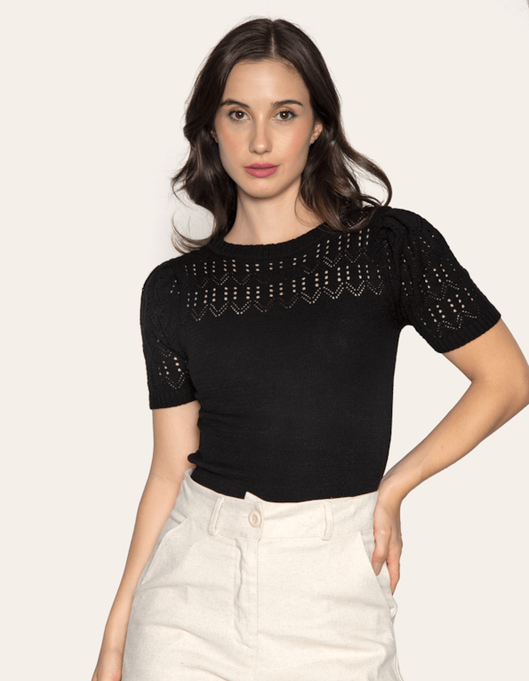 Blusa cropped tricot rendada Preto