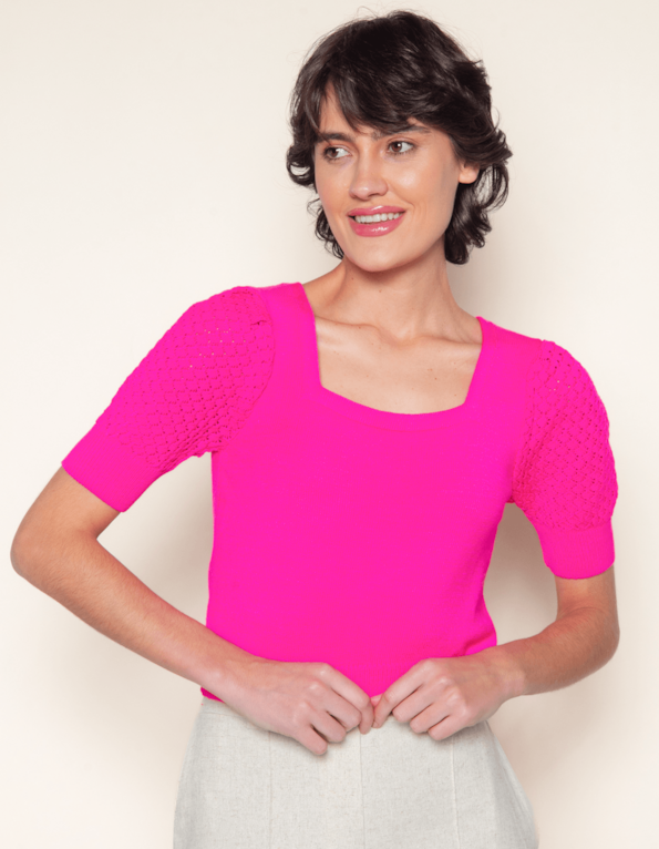 Blusa cropped tricot rendada Ultra pink