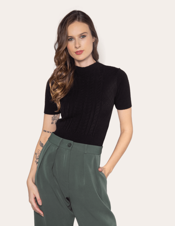 Blusa cropped tricot trança Preto