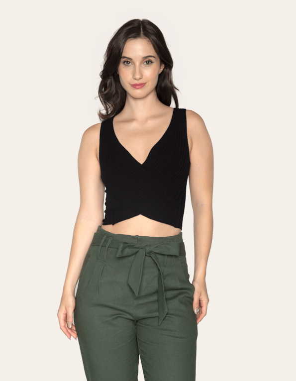 Blusa cropped tricot transpassada Preto