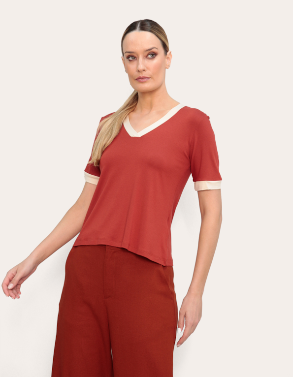 Blusa decote v punho bicolor Terracota/areia