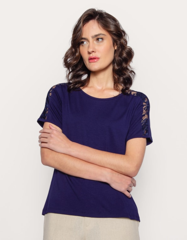 Blusa faixa ombro renda decote careca Azul escuro