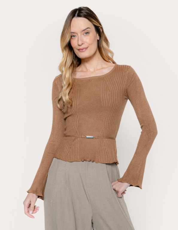 Blusa flare tricot canelado com cinto Bege medio