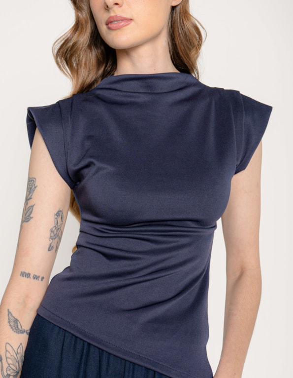 Blusa gola alta manga drapeada Azul escuro