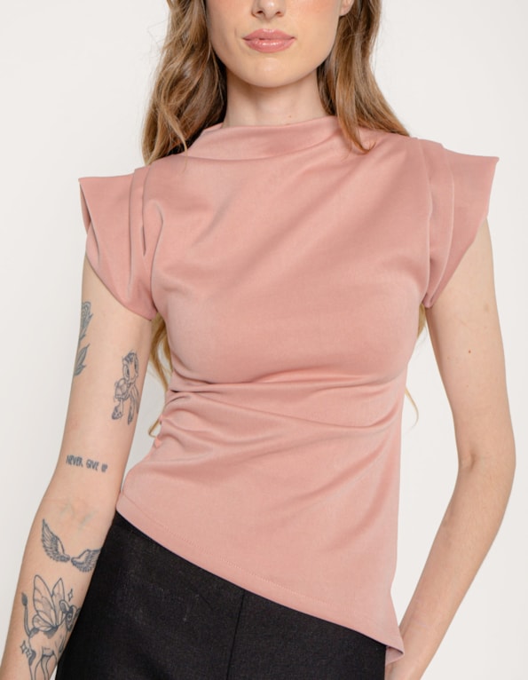 Blusa gola alta manga drapeada Rosa