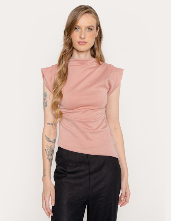 Blusa gola alta manga drapeada Rosa