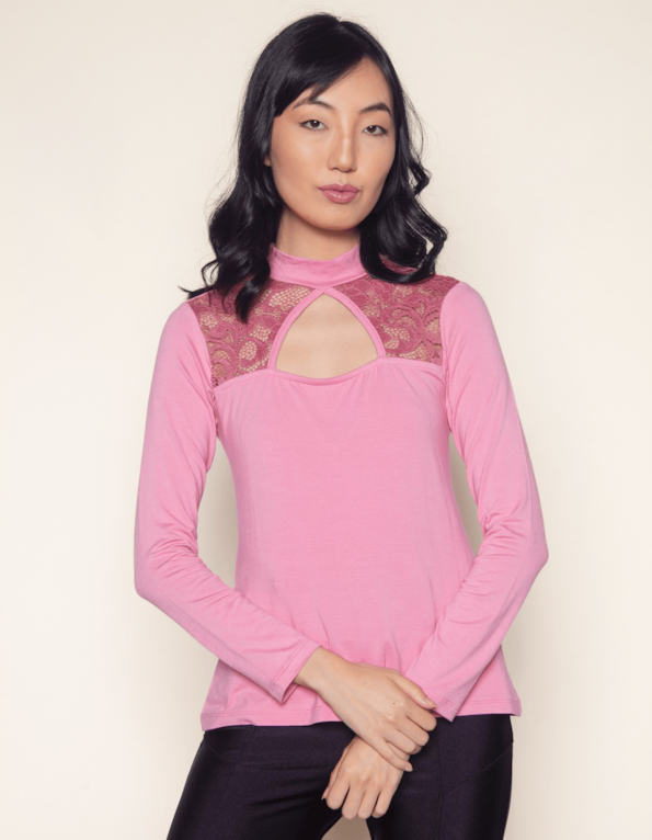 Blusa gola alta pala renda Rosa escuro