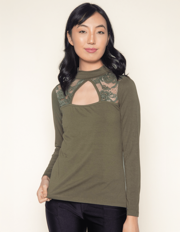 Blusa gola alta pala renda Verde militar