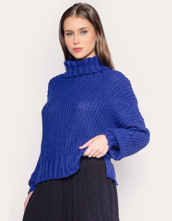 Blusa gola alta tricot abertura lateral Azul escuro