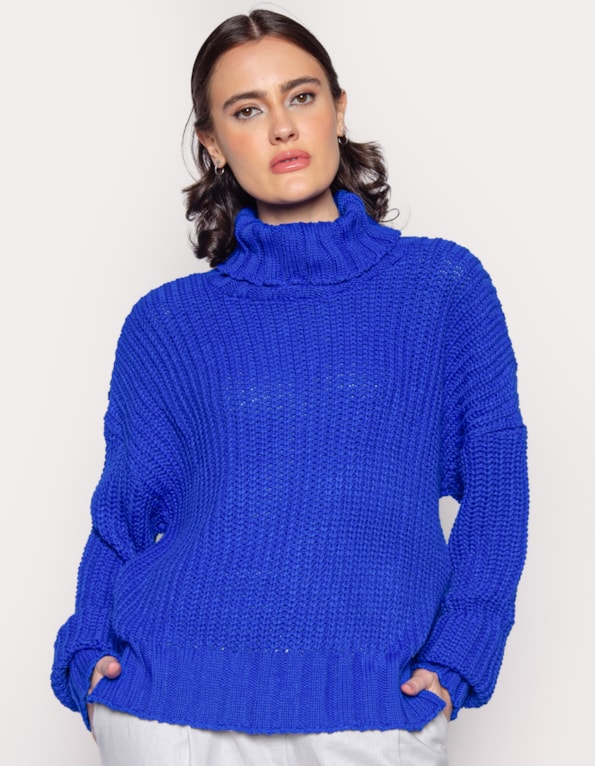 Blusa gola alta tricot abertura lateral Azul medio