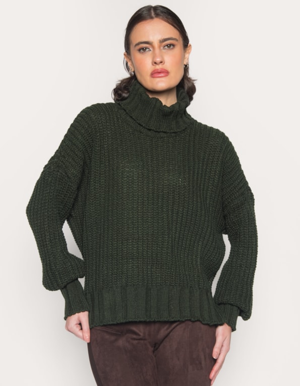 Blusa gola alta tricot abertura lateral Verde escuro