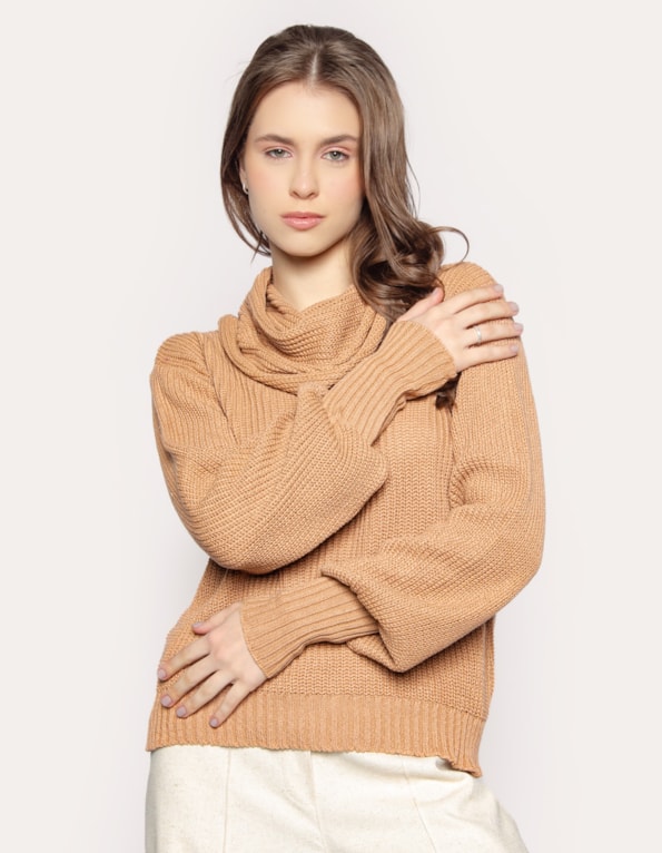 Blusa gola boba tricot manga longa Bege medio