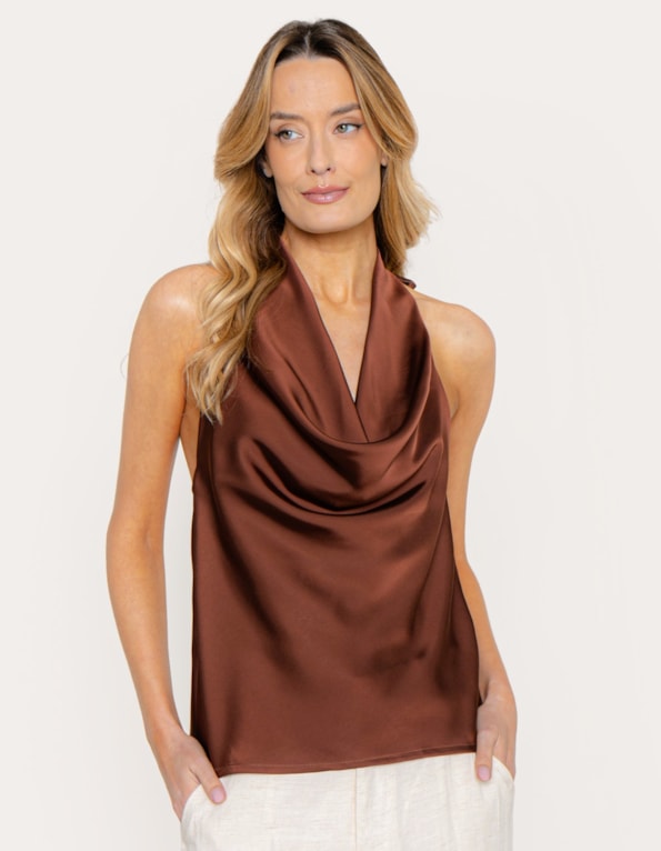Blusa gola degagê acetinada Marrom