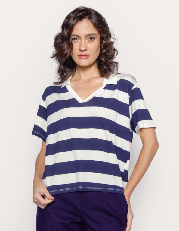 Blusa gola polo listrado Azul escuro/off white