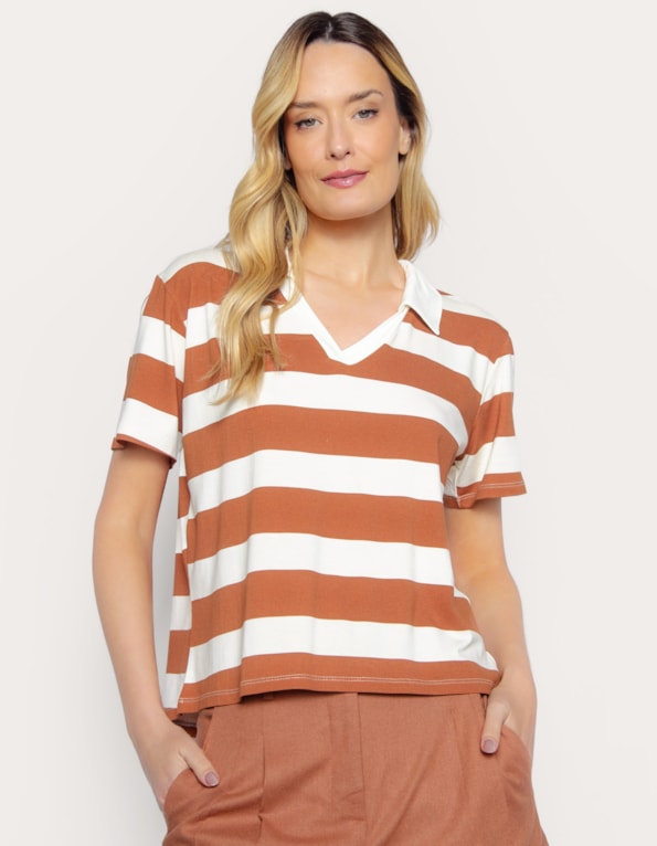 Blusa gola polo listrado Marrom medio/off white