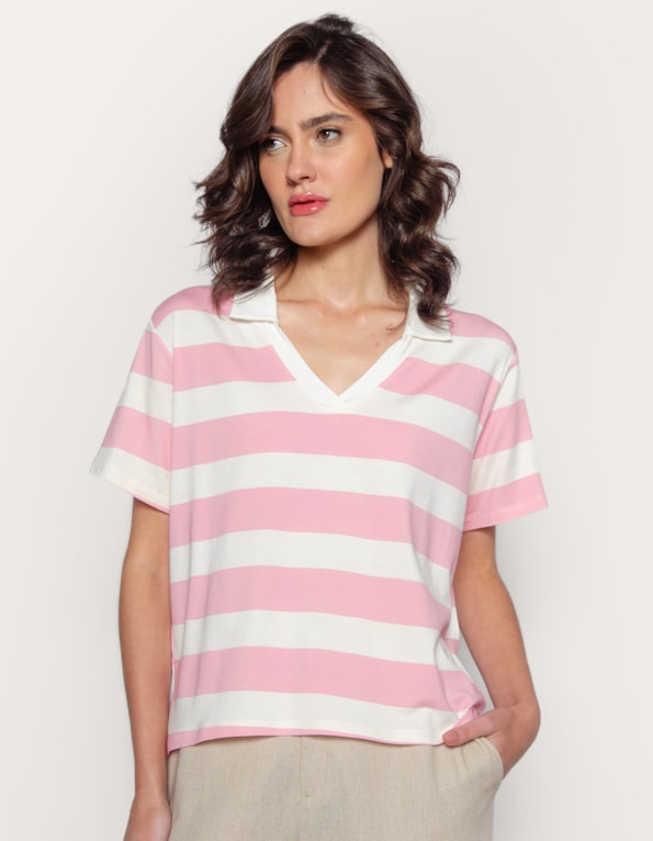 Blusa gola polo listrado Rosa claro/offwhite