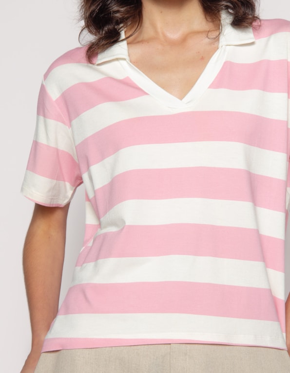 Blusa gola polo listrado Rosa claro/offwhite