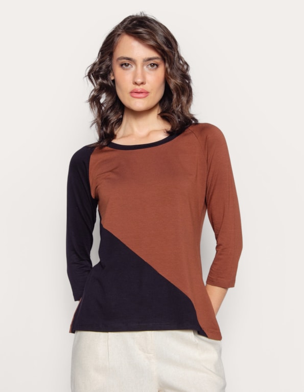 Blusa manga 3/4 bicolor Preto/tabaco