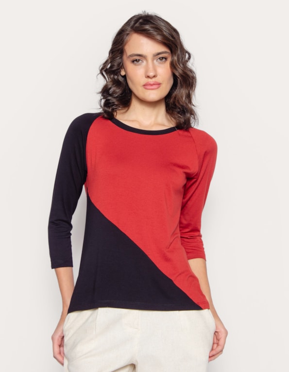 Blusa manga 3/4 bicolor Vermelho/preto