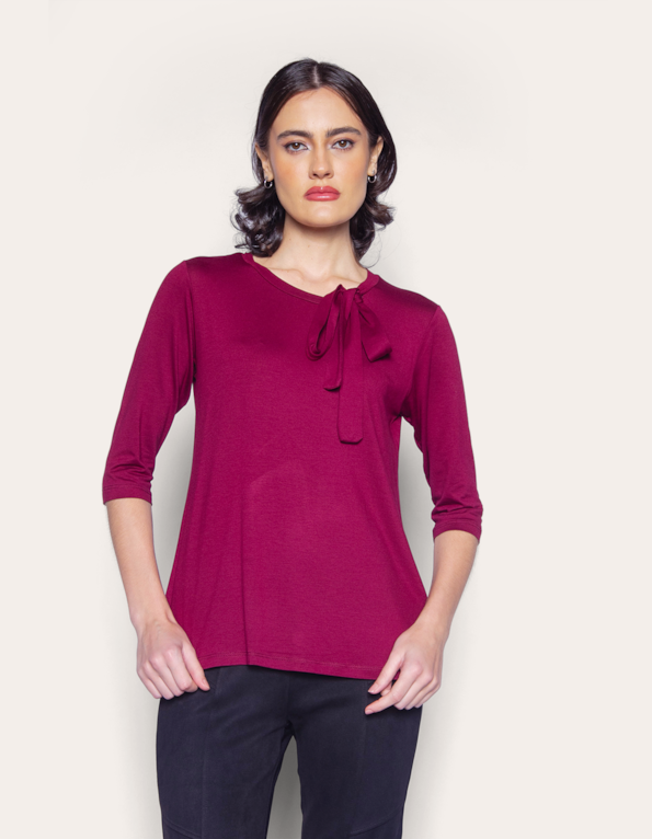 Blusa manga 3/4 laço gola Vinho