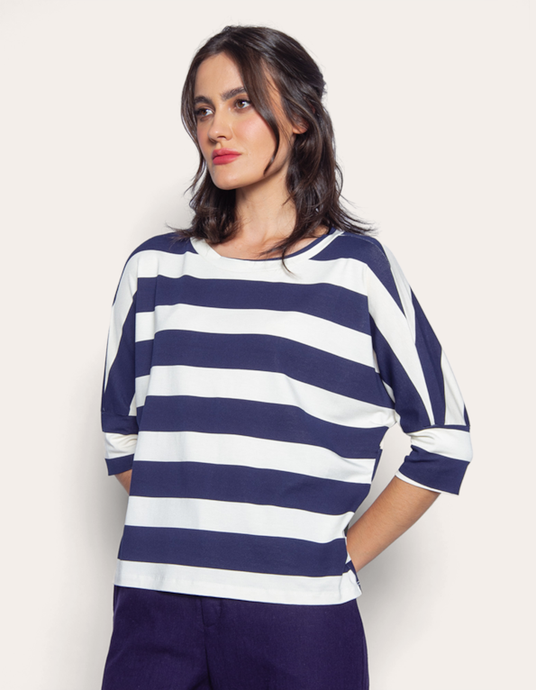 Blusa manga 3/4 listrada Azul escuro/off white