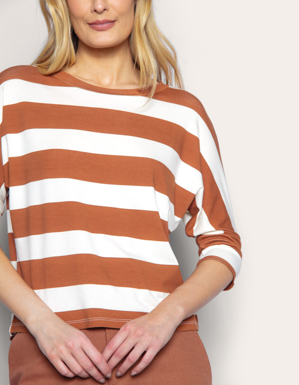 Blusa manga 3/4 listrada Marrom medio/off white