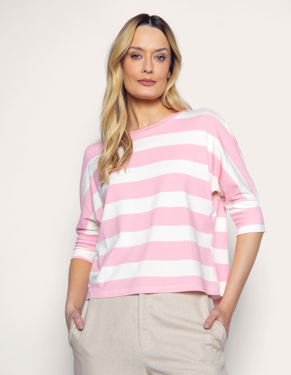 Blusa manga 3/4 listrada Rosa claro/offwhite