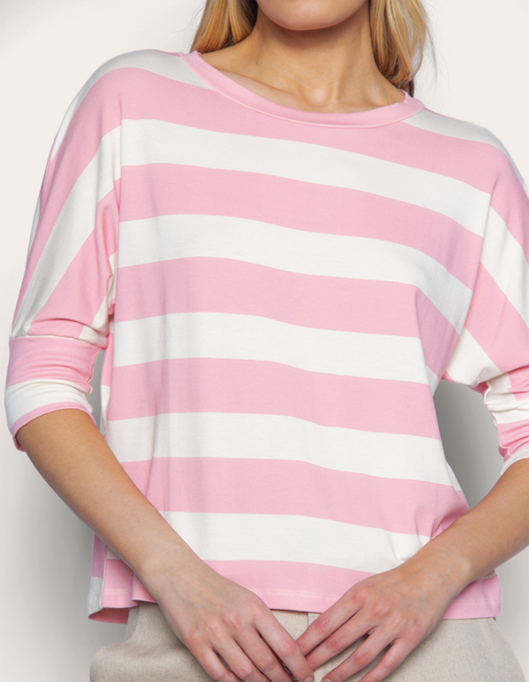 Blusa manga 3/4 listrada Rosa claro/offwhite