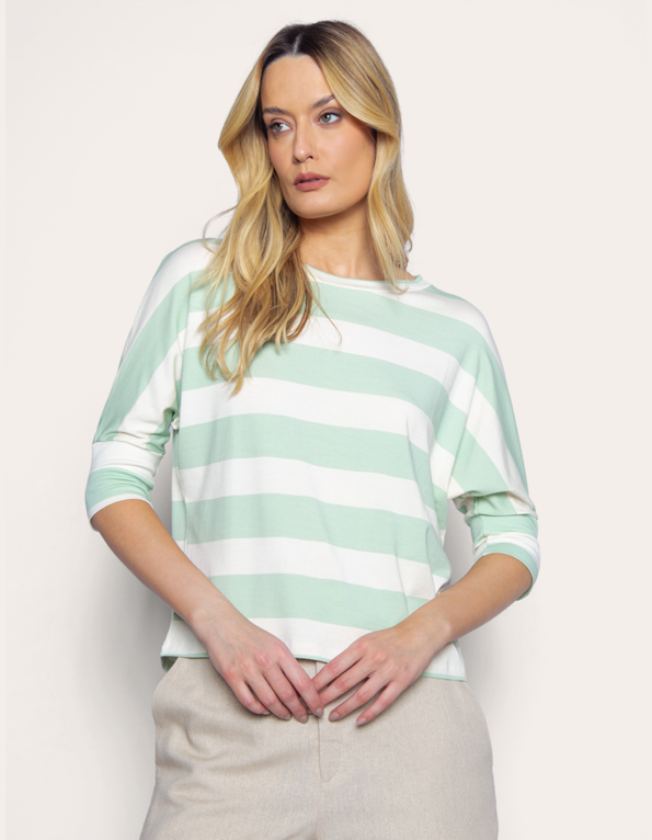 Blusa manga 3/4 listrada Verde claro/off white