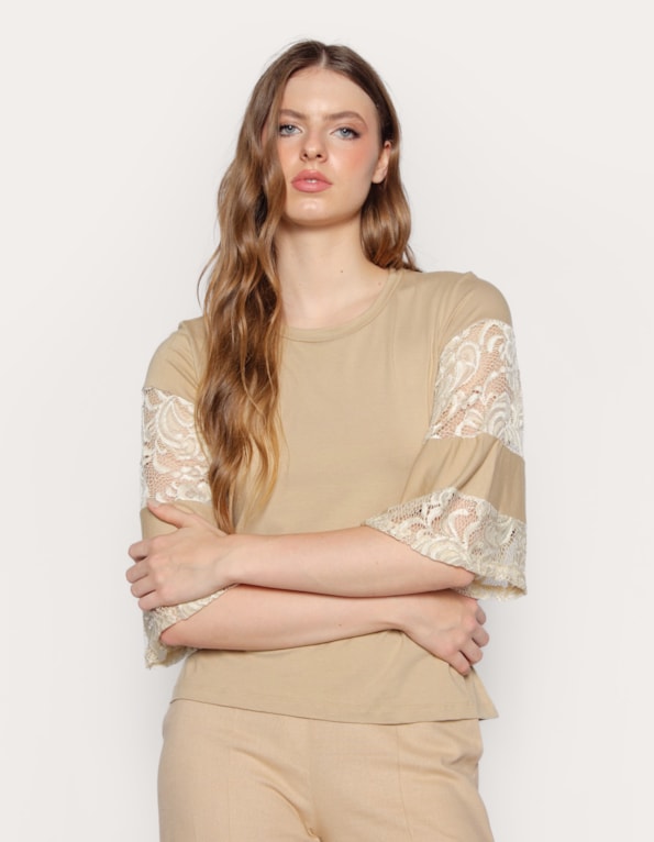 Blusa manga 3/4 sino renda faixa Areia