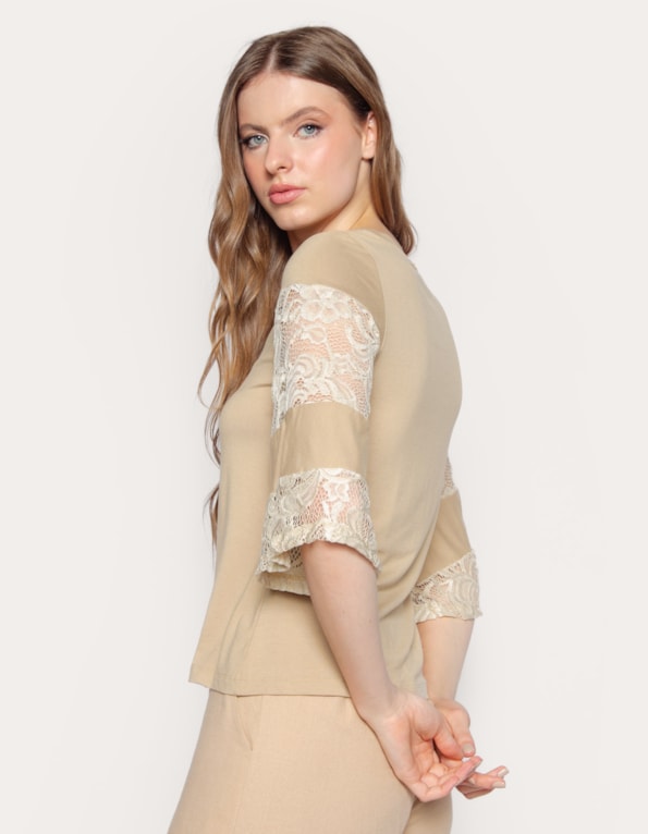 Blusa manga 3/4 sino renda faixa Areia