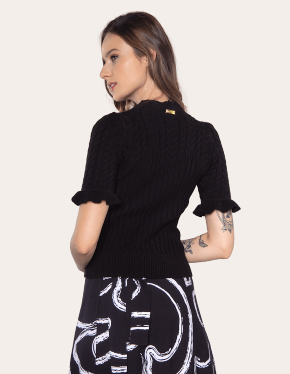 Blusa manga babado tricot Preto